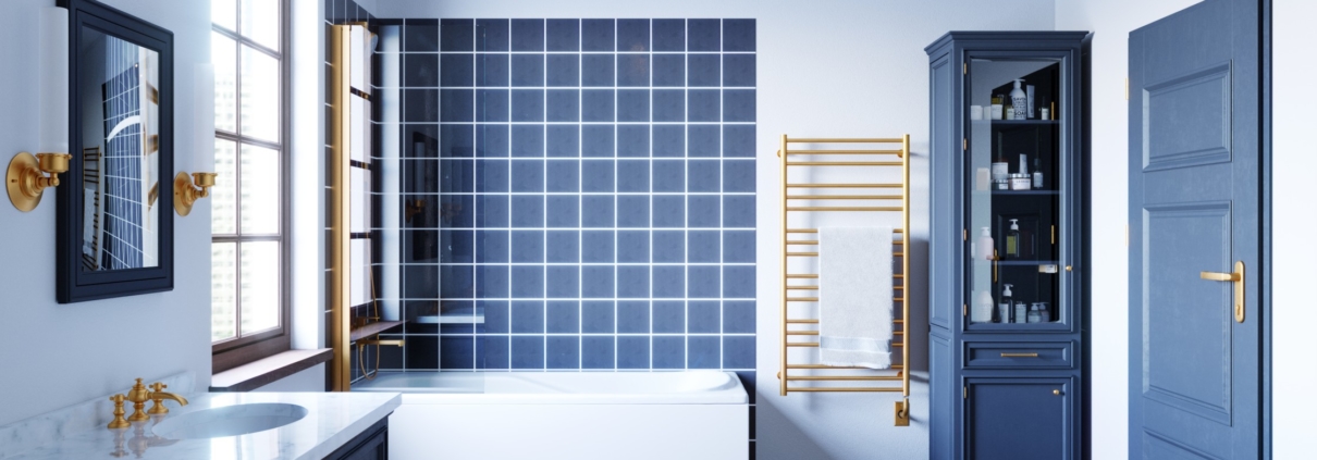 sorano brushed gold towel warmer on blue tiled wall - Choosing the Right Towel Warmer Finish