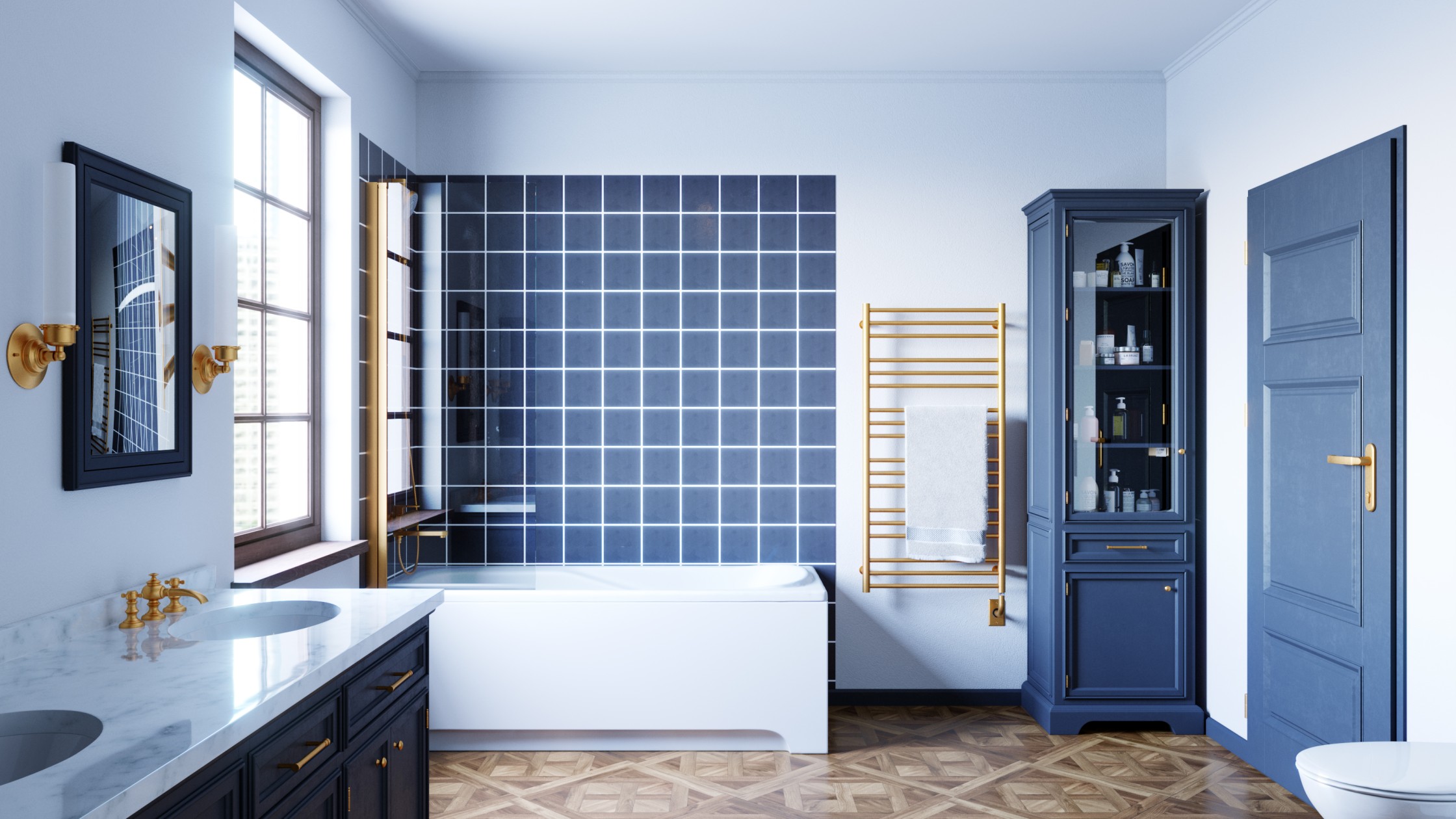 sorano brushed gold towel warmer on blue tiled wall - Choosing the Right Towel Warmer Finish